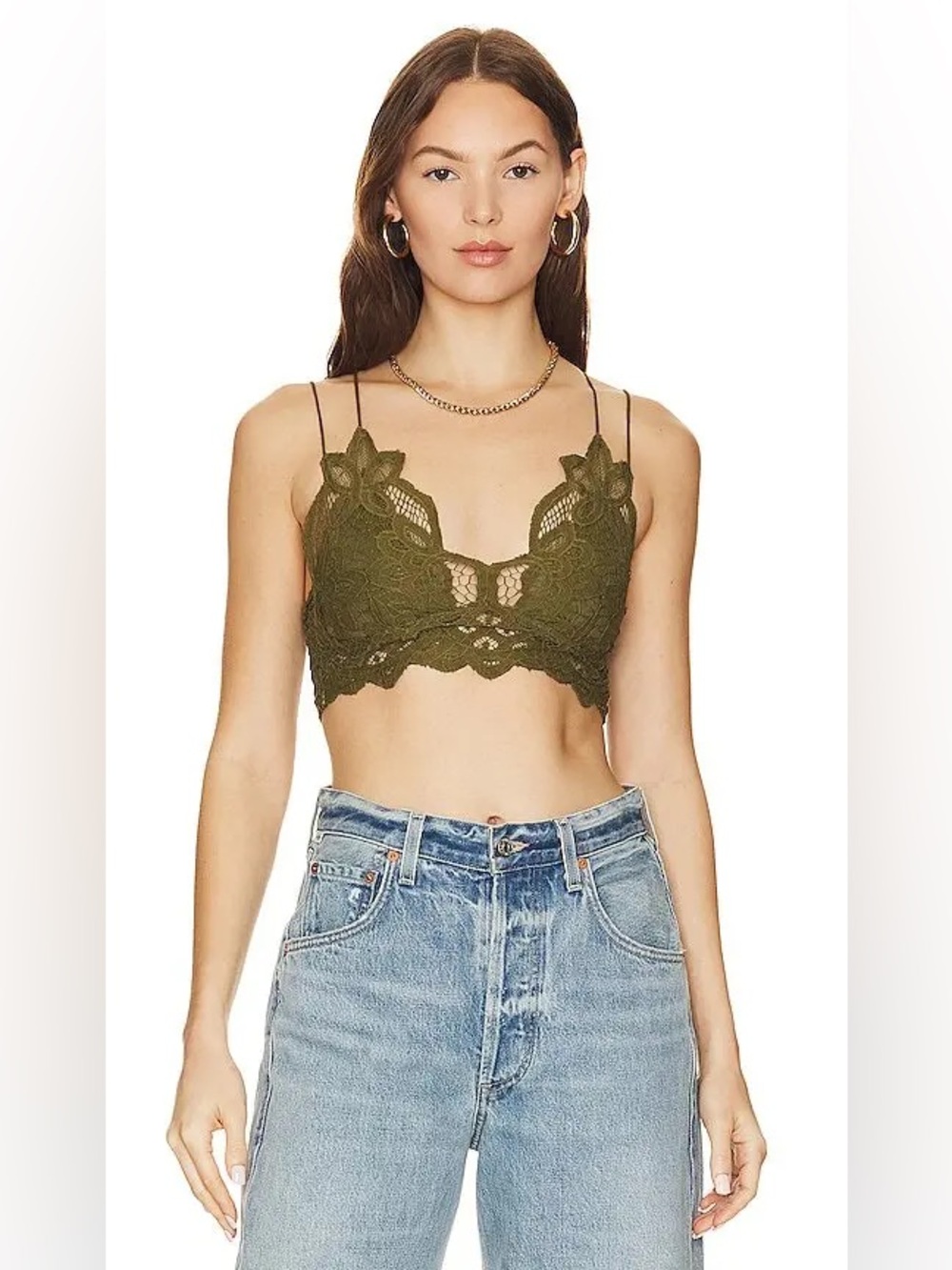Free People Lace Bralette L Olive Green Crochet Strappy NWT - Picture 2 of 12